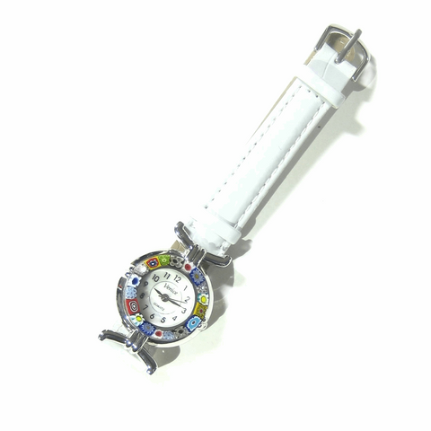 Italian Murano Glass Millefiori Chrome White Leather Band Watch - JKC Murano