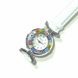 Italian Murano Glass Millefiori Chrome White Leather Band Watch - JKC Murano