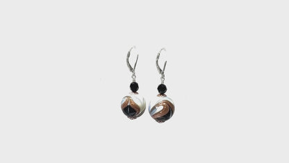 Murano Glass Black White Blue Copper Silver Earrings