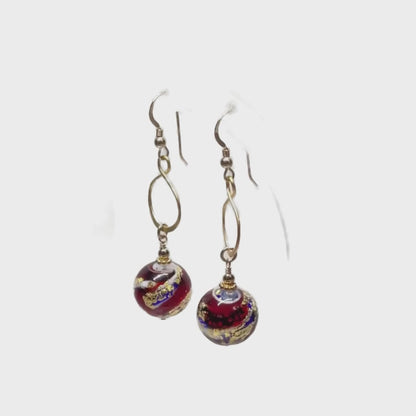 Handmade Murano Glass Red and Blue Ball Drop Gold Earrings