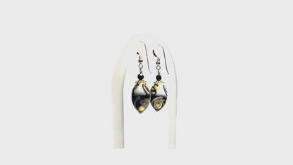 Murano Black White Swirl Oval Abstract Gold Earrings