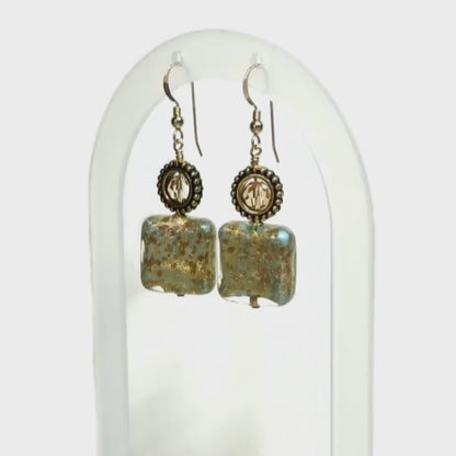 Murano Glass Turquoise Copper Square Gold Earrings by JKC Murano