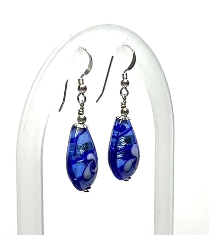 Murano Glass Blue Flower Teardrop Sterling Silver Earrings