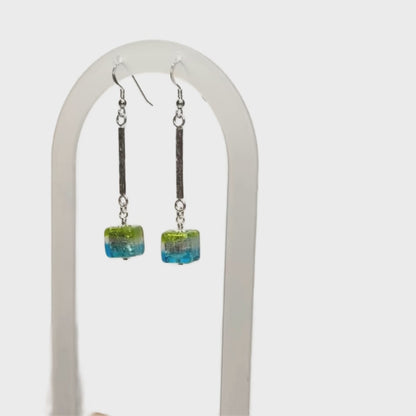 Blue Green Murano Glass Cube Dangle Silver Earrings