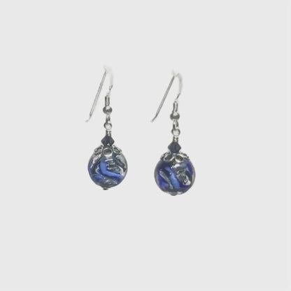 Murano Glass Blue Water Swirl Ball Sterling Silver Earrings