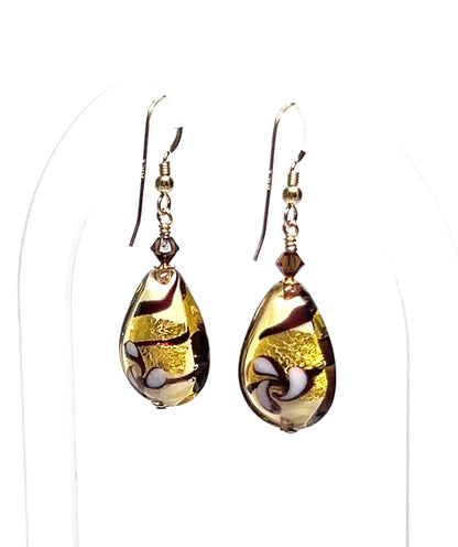 Murano Glass Italian Brown Teardrop Flower Gold Earrings