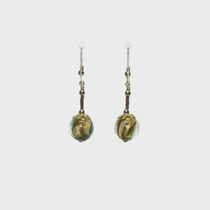 Murano Italian Glass Aqua Topaz Double Swirl Gold Earrings
