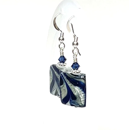 Murano Dark Blue Gray Swirl Sterling Silver Earrings
