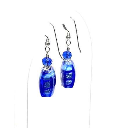 Murano Glass Cobalt Blue Flower Square Sterling Silver Earrings