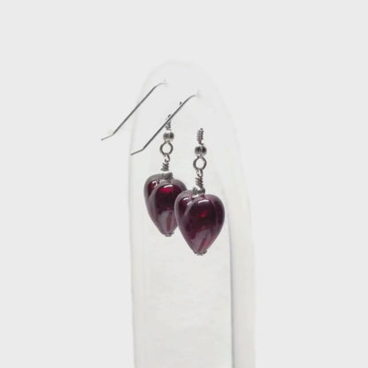 Murano Glass Dark Red Heart Sterling Silver Earrings