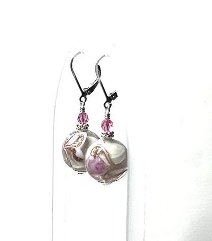 Murano Glass Pink Rose Ball Silver Earrings