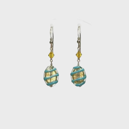 Murano Glass Turquoise Spiral Oval Gold Earrings