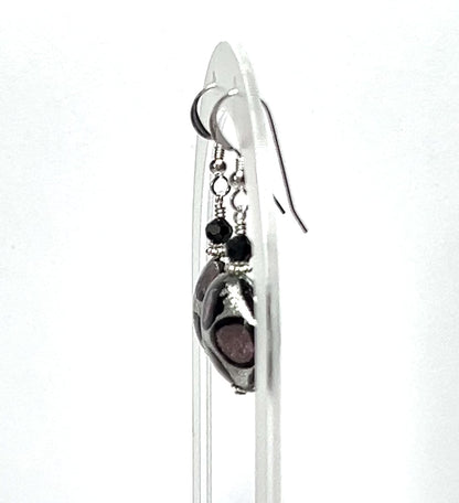 Murano Glass Purple Leopard Dot Disc Silver Earrings