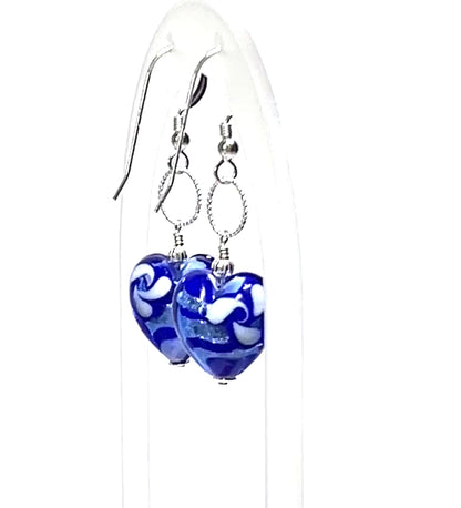 Murano glass blue flower heart earrings