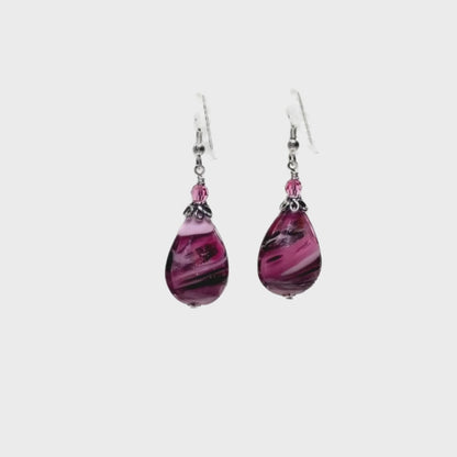 Murano Glass Pink Black Swirl Teardrop Silver Earrings