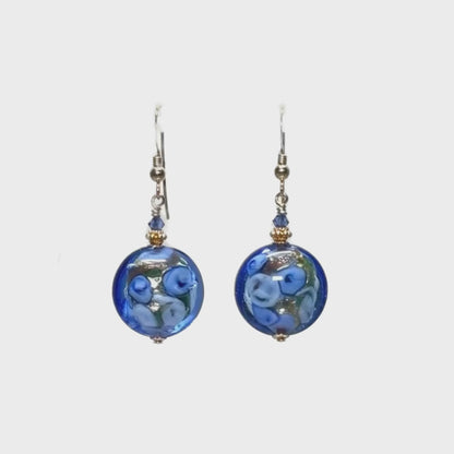 Murano Blue Bed of Roses Disc Gold Earrings