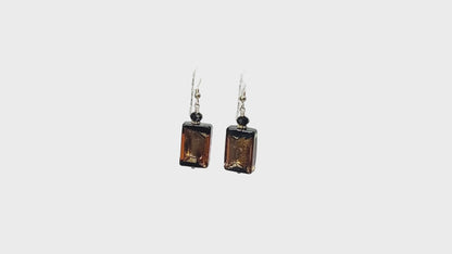 Murano Glass Black Brown Topaz Rectangle Gold Earrings