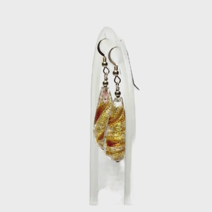 Murano Glass Topaz Swirl Teardrop Long Gold Earrings