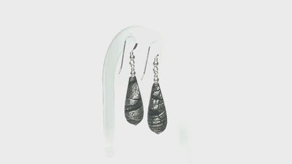 Murano Glass Gray Swirl Teardrop Long Silver Earrings