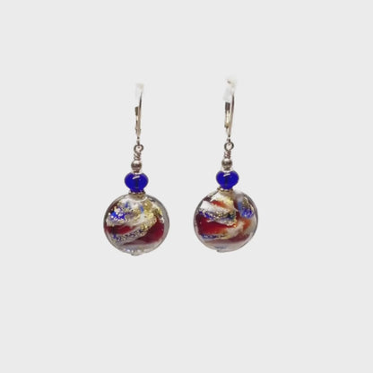 Murano Glass Red Blue Gold Foil Lentil Bead Gold Earrings