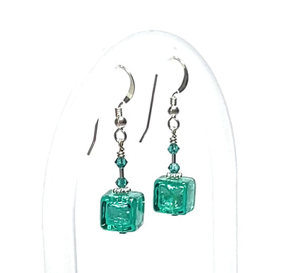 Murano Glass Sea Green Cube Silver Earrings, Leverback Earrings