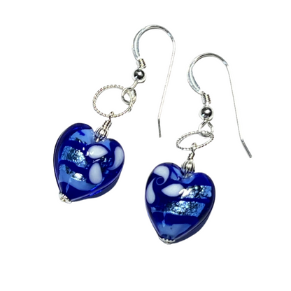 Murano glass blue flower heart earrings