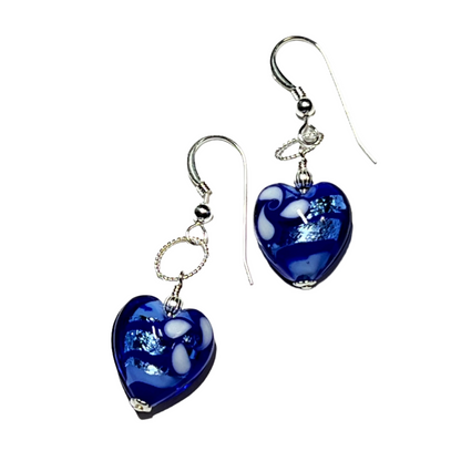 Murano glass blue flower heart earrings