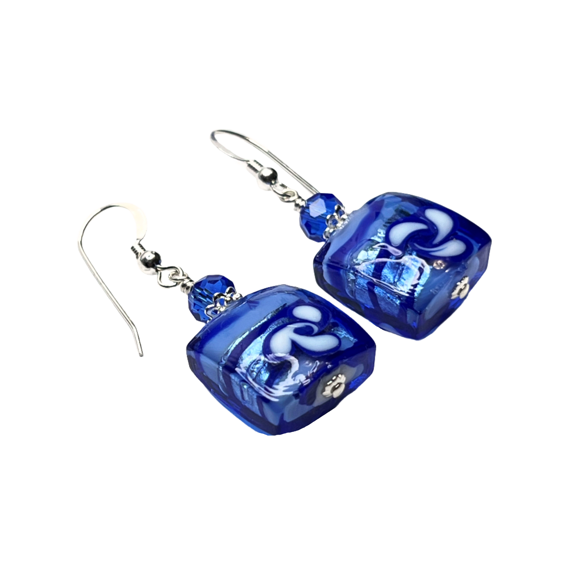 Murano glass blue square white flower silver earrings
