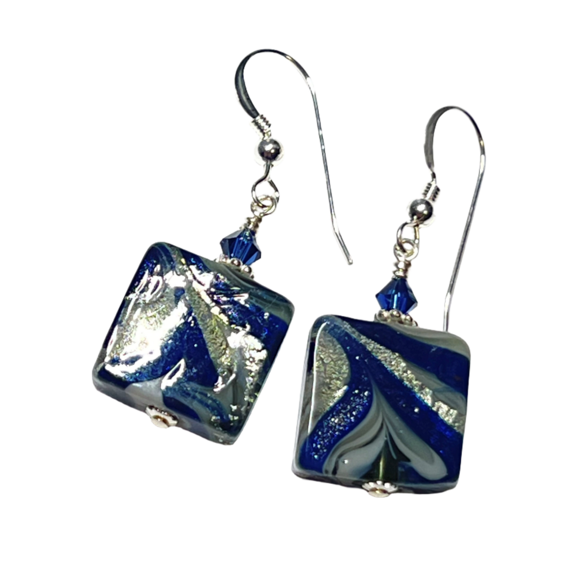 Murano dark blue square swirl silver earrings
