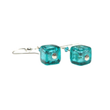 Murano Glass Sea Green Cube Silver Earrings, Leverback Earrings