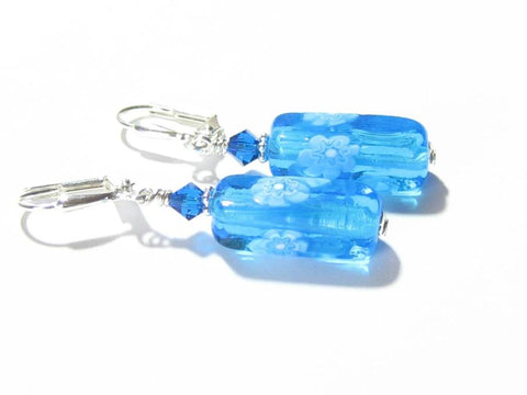 Venetian Glass Aqua Millefiori Tube Silver Earrings, Sterling Silver Leverback Earrings - JKC Murano