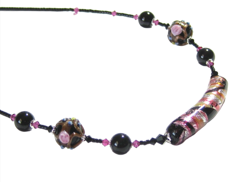 Murano Glass Black Pink Curved Tube Sterling Silver Necklace - JKC Murano