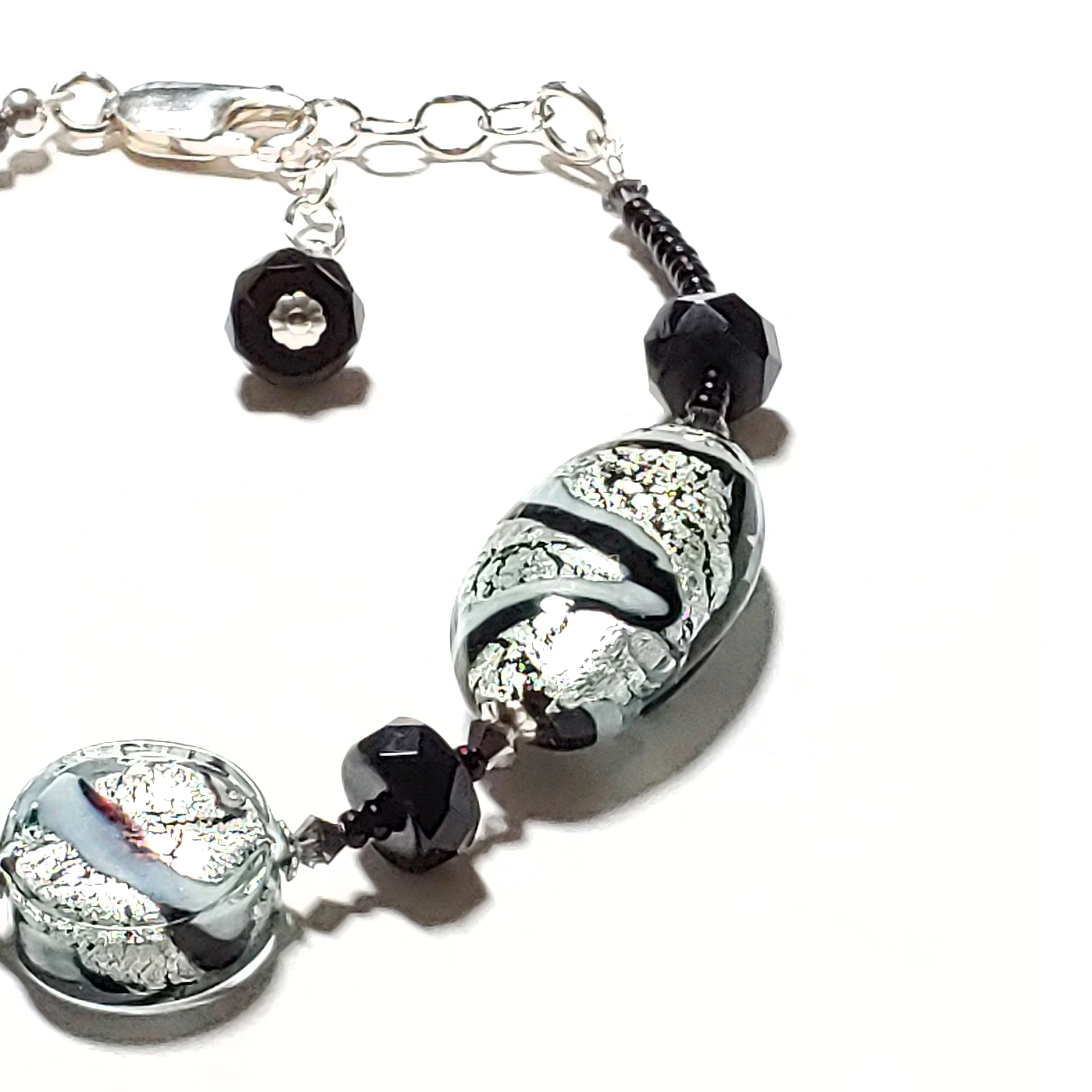 Murano Glass Black White Swirl Silver Bracelet - JKC Murano