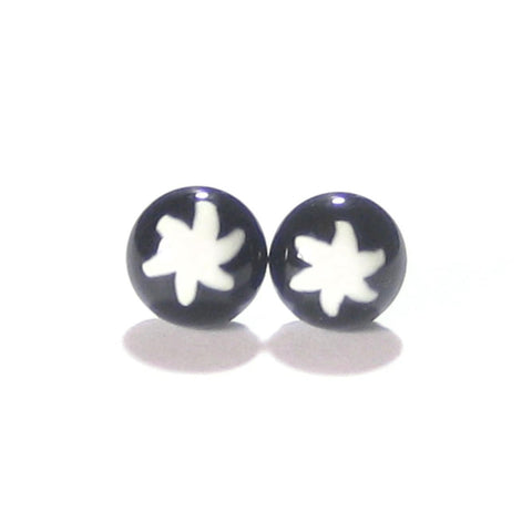 Murano Glass White Star Black Millefiori Sterling Silver Post Stud Earrings - JKC Murano