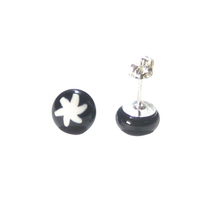 Murano Glass White Star Black Millefiori Sterling Silver Post Stud Earrings - JKC Murano