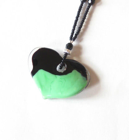 Murano Glass Large Heart Black Green Pendant Necklace - JKC Murano