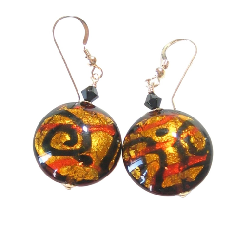 Murano Glass Topaz Black Chunky Disc Gold Earrings - JKC Murano