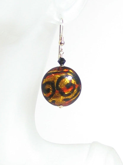 Murano Glass Topaz Black Chunky Disc Gold Earrings - JKC Murano