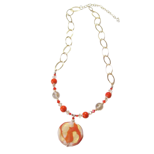 Venetian Glass Orange Pendant Gold Necklace - JKC Murano