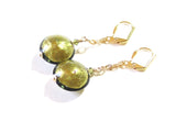 Murano Glass Olive Disc Dangle Gold Earrings, Leverback Earrings - JKC Murano