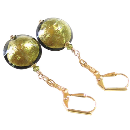 Murano Glass Olive Disc Dangle Gold Earrings, Leverback Earrings - JKC Murano