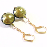 Murano Glass Olive Disc Dangle Gold Earrings, Leverback Earrings - JKC Murano