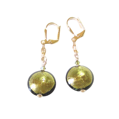 Murano Glass Olive Disc Dangle Gold Earrings, Leverback Earrings - JKC Murano
