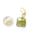 Murano Glass Olive Green Square Gold Earrings, Leverback Earrings - JKC Murano