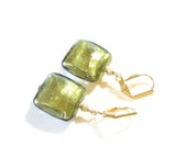 Murano Glass Olive Green Square Gold Earrings, Leverback Earrings - JKC Murano