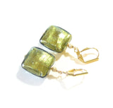 Murano Glass Olive Green Square Gold Earrings, Leverback Earrings - JKC Murano