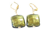 Murano Glass Olive Green Square Gold Earrings, Leverback Earrings - JKC Murano