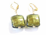 Murano Glass Olive Green Square Gold Earrings, Leverback Earrings - JKC Murano