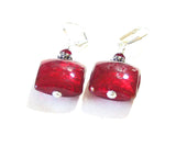 Murano Glass Red Square Sterling Silver Earrings, Venetian Jewelry - JKC Murano