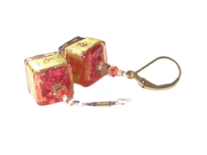 Murano Glass Pink Brown Cube Gold Earrings, Gold Filled Leverbacks - JKC Murano